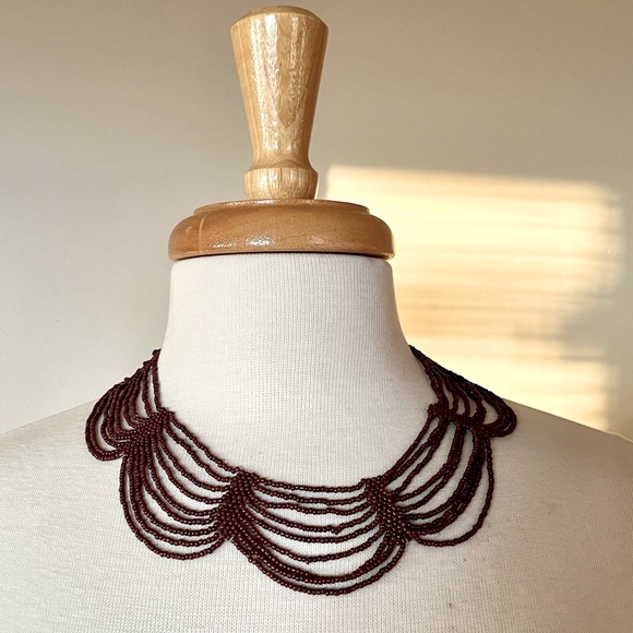 Antique Handmade Glass Seed Bead Necklace in Brown Beaded Collar Bib Necklace - Picture 6 of 8